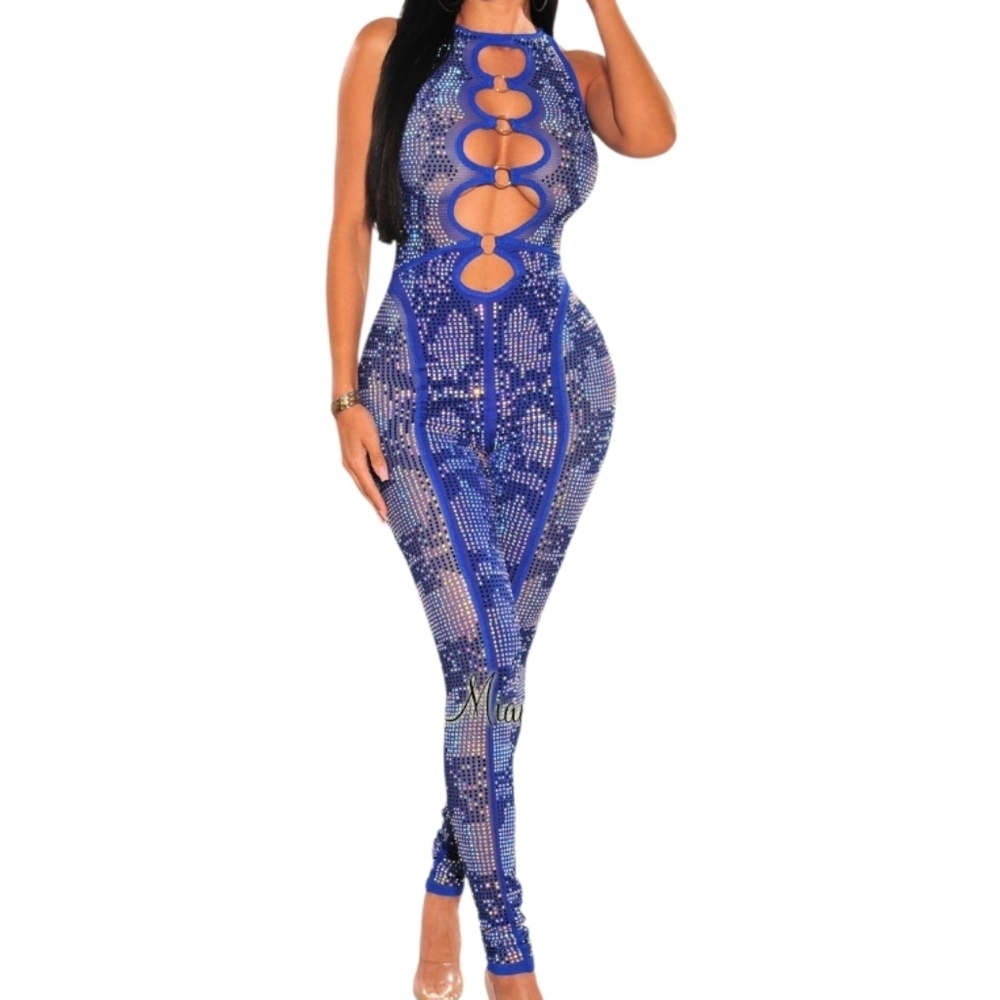 Hot Miami Styles Blue Bling Jumpsuit